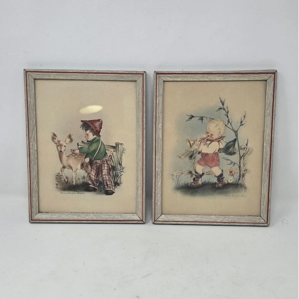 Vtg 1940's Marion Bradford framed pictures wall plaque nursery decor set of 2